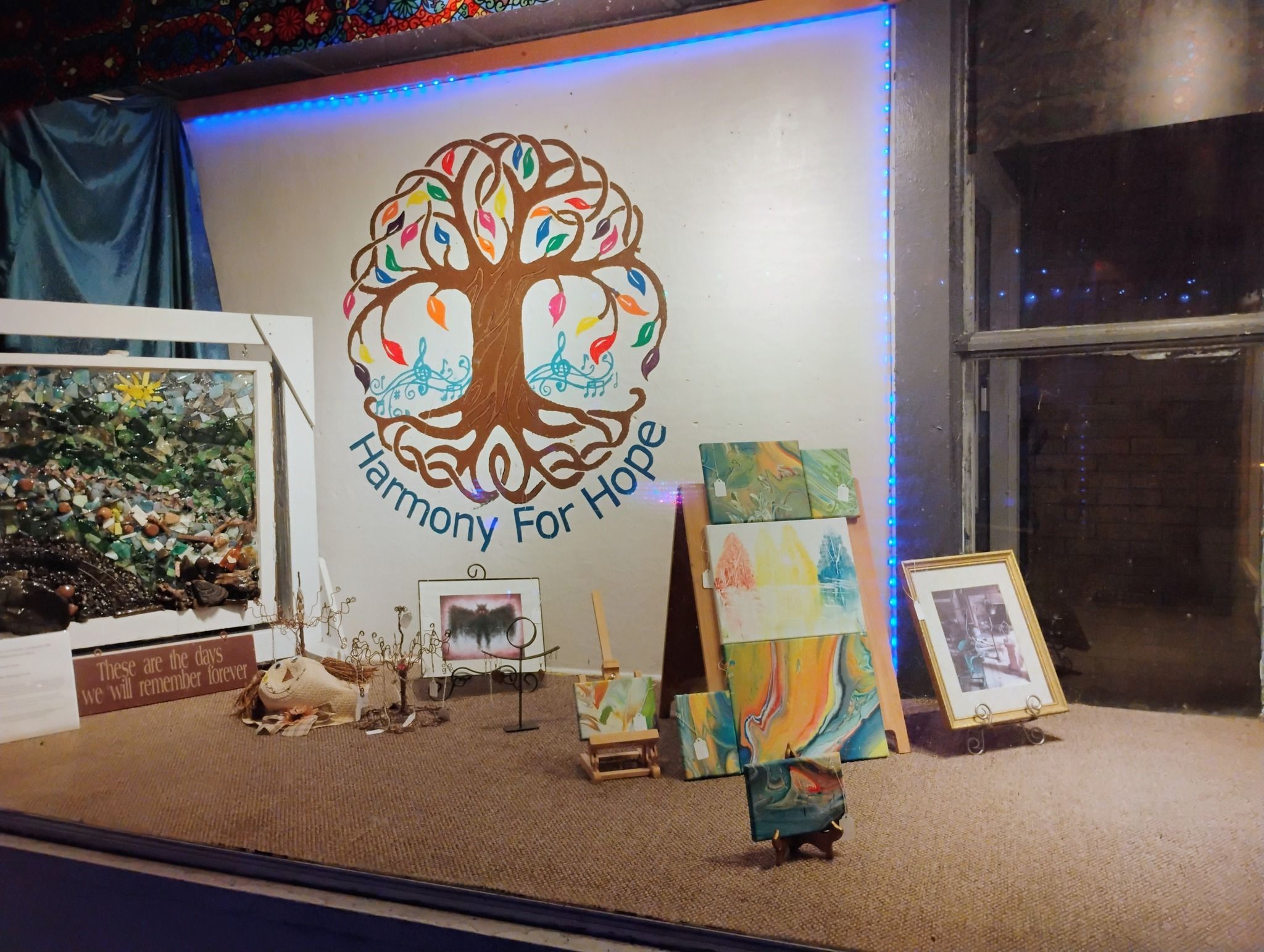 FCCAC Storefront Gallery Display featuring local artwork curated by Karen Leathers